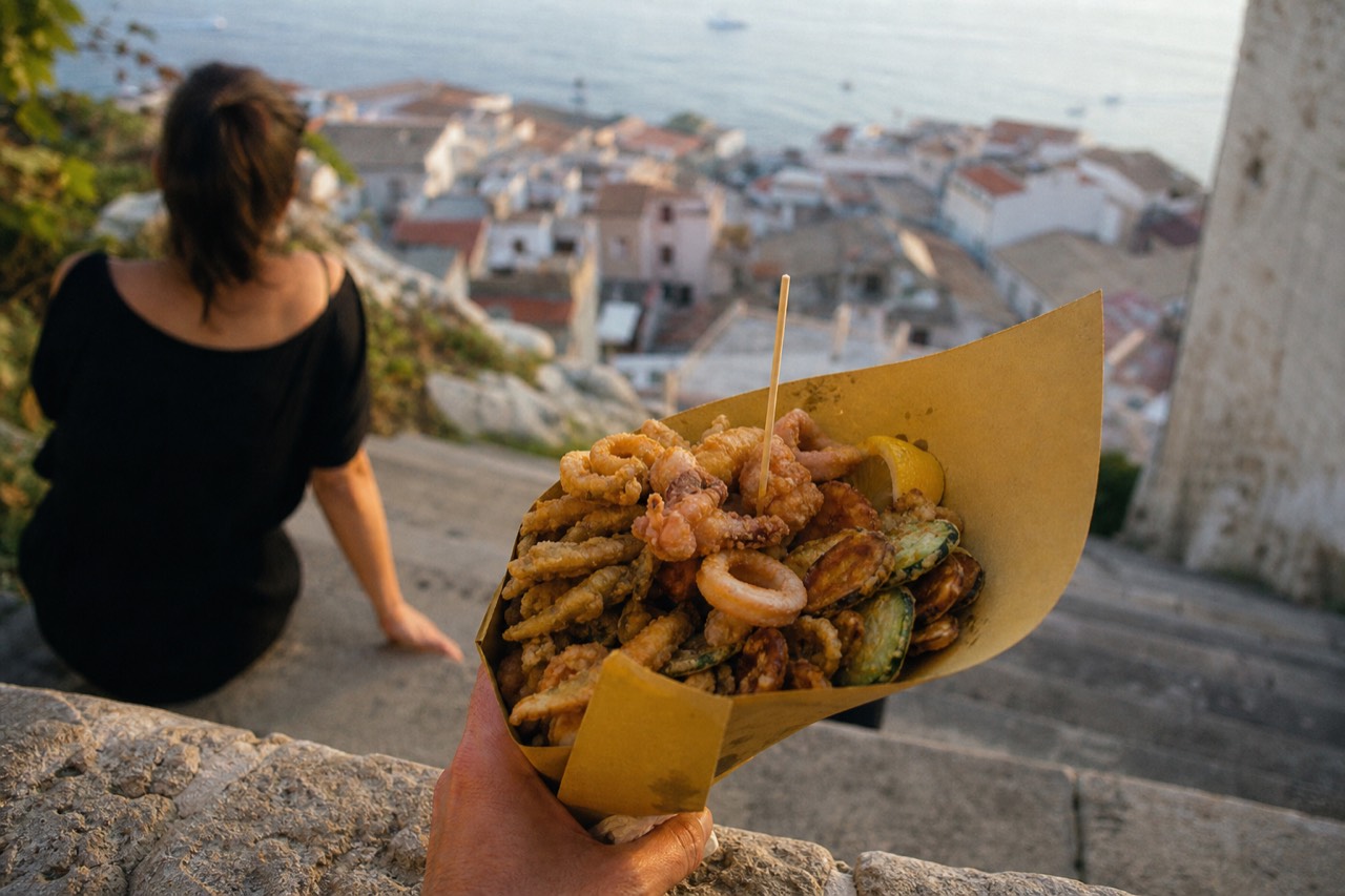 Paper cone of golden fried seafood and vegetables held over a stone step, rooftops and a hazy stretch of sea blurred behind