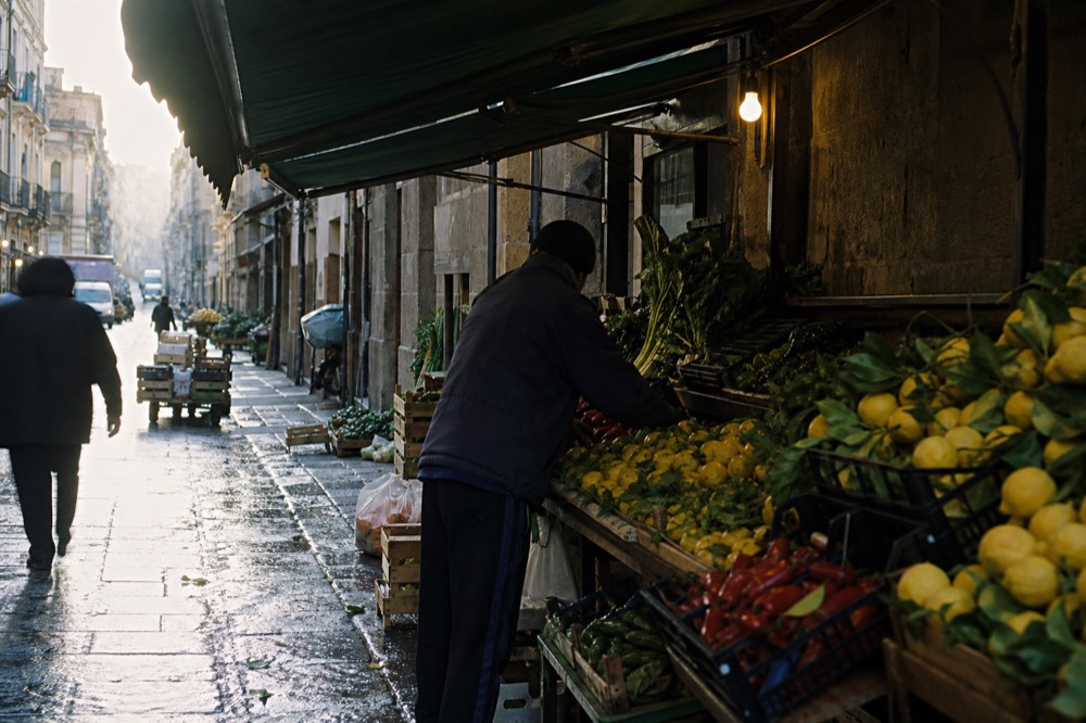 Market street at opening time, vendor arranging crates of lemons and peppers under a green awning, wet pavement reflecting morning light