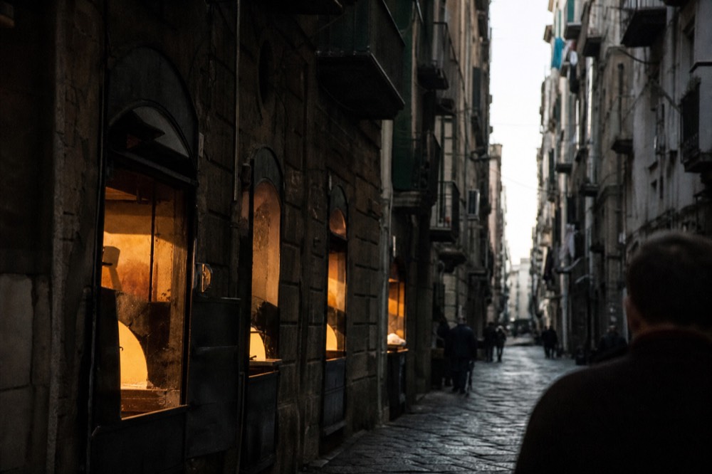 Long straight historic street in deep shadow with a bright strip of sky above, pizza ovens glowing in doorways along one side