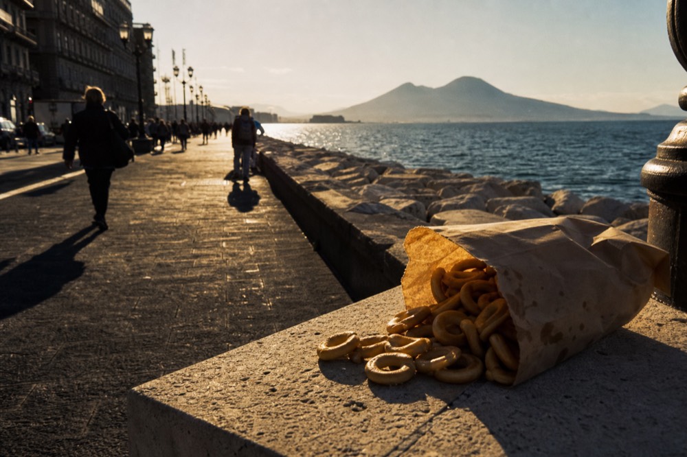 Wide seafront promenade at golden hour with a volcano silhouette across the bay, paper bag of ring-shaped snacks on a stone parapet